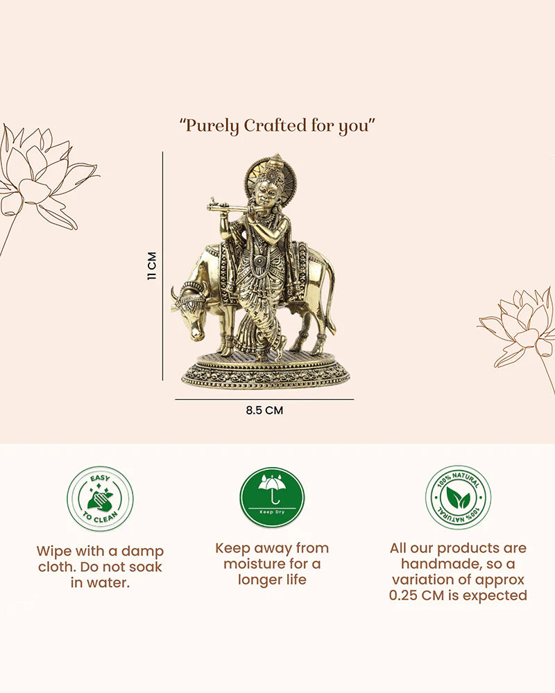 Traditional Krishna Ji Brass Idol with Cow for Festivals and Home Decoration