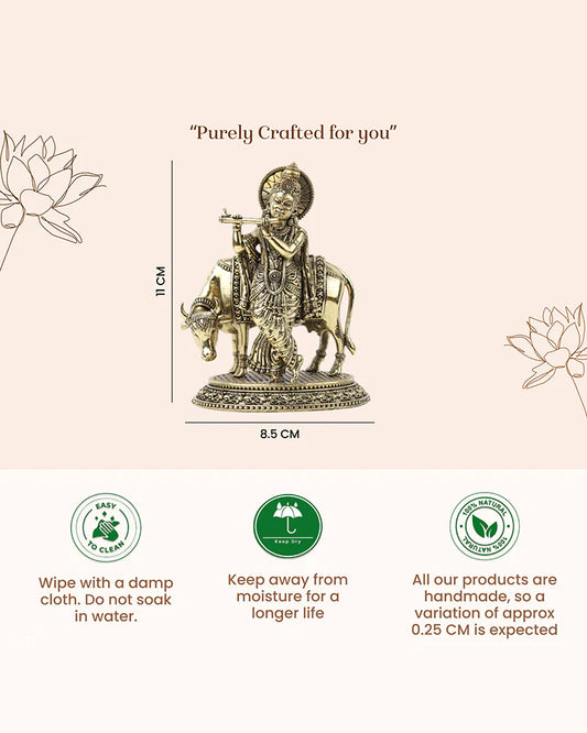 Traditional Krishna Ji Brass Idol with Cow for Festivals and Home Decoration