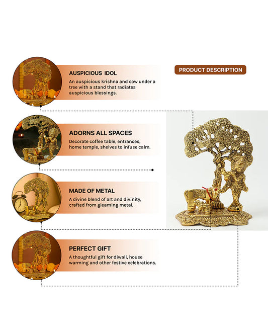 Krishna Idol with Cow and Calf Under Tree, Flute-Playing Lord Krishna Statue for Home Decor