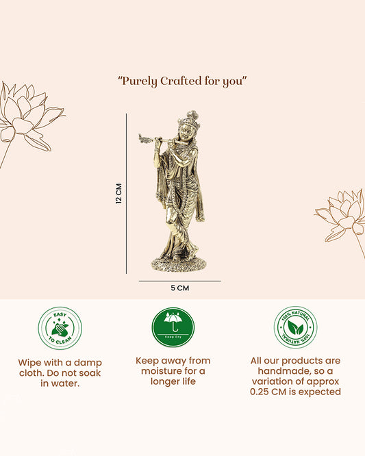 Traditional Krishna Brass Idol Playing Flute for Pooja Needs and Home Decoration