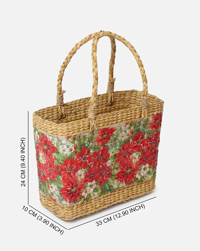 Handwoven Seagrass Shopping Basket & Tote Bag - Red Poinsettia