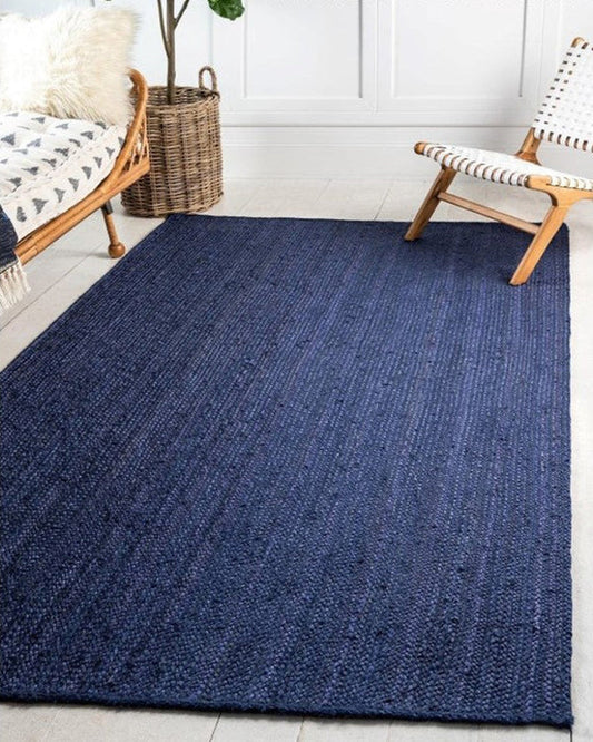Handcrafted Natural Blue Rectangular Jute Carpet For Hall And Dining Space