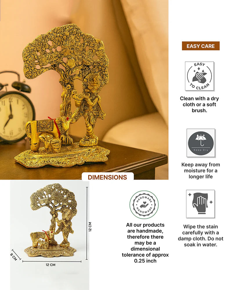 Krishna Idol with Cow and Calf Under Tree, Flute-Playing Lord Krishna Statue for Home Decor