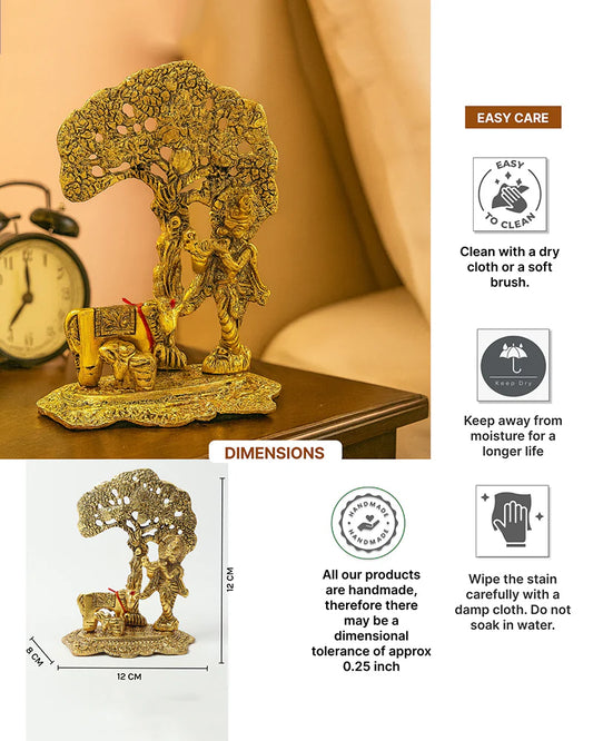 Krishna Idol with Cow and Calf Under Tree, Flute-Playing Lord Krishna Statue for Home Decor