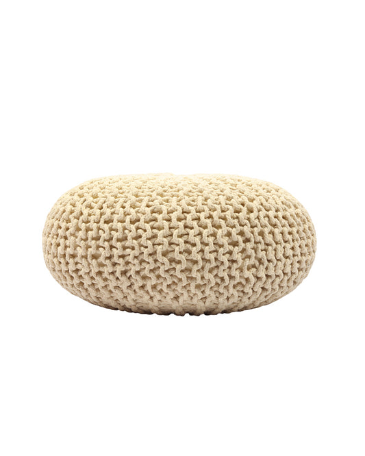 Handwoven Jute Round Pouffe in White for Living Room and Bedroom