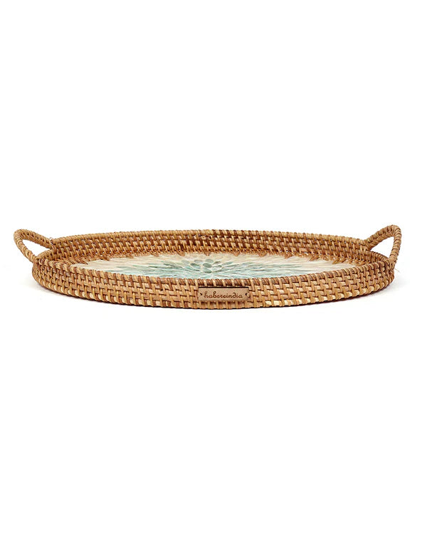 Handwoven Oval Cane Tray with Green Rangoli Mosaic for Decorative and Serving Use