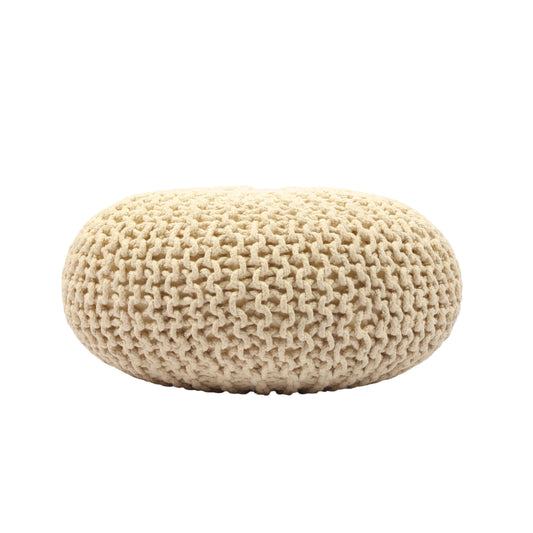 Handwoven Jute Round Pouffe in White for Living Room and Bedroom