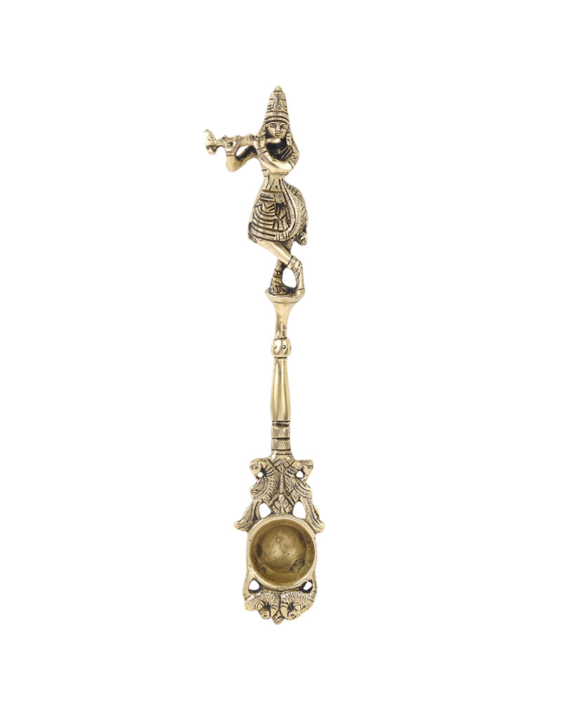 Brass Ritual Spoon with Lord Krishna Idol for Pooja Use