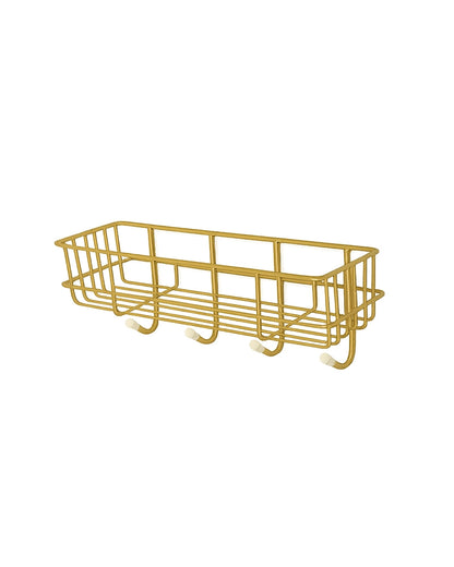 Self Adhesive Metal Wall Shelf with 4 Hanging Hooks for Bathroom Accessories