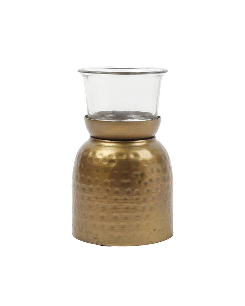 Hammered Metal Cylindrical Tea Light Holder with Glass for Home Decor