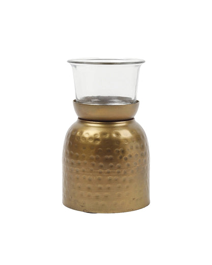 Hammered Metal Cylindrical Tea Light Holder with Glass for Home Decor