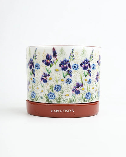 Floral Print Terracotta Planter with Under Plate (Multicolour)