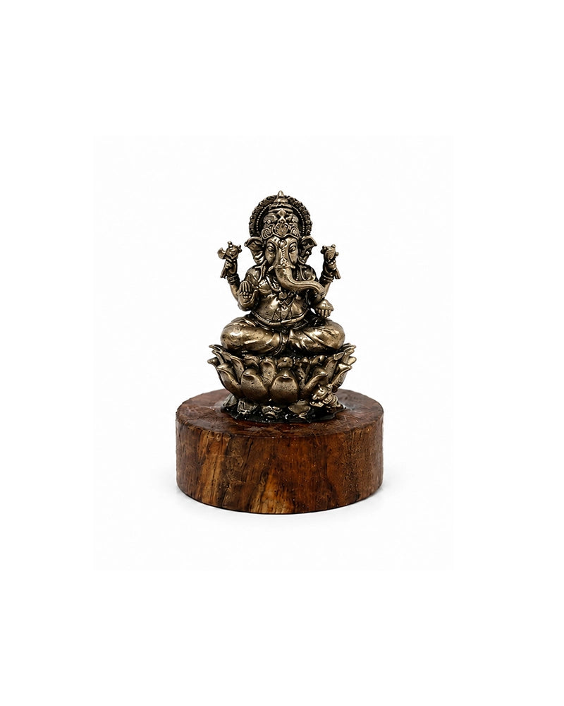 100% Pure Brass Ganesh Ji Idol with Wooden Chowki for Car Dashboard