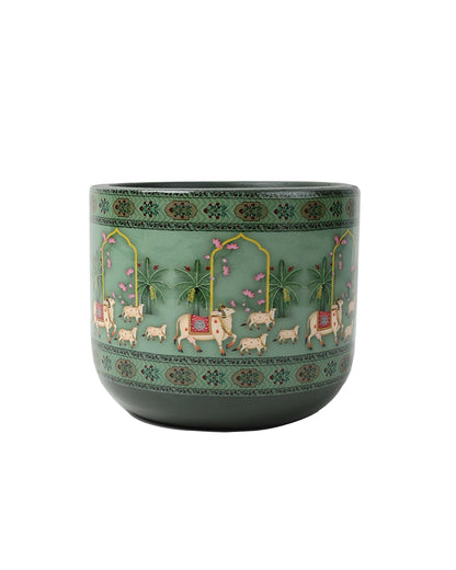 Hand Painted Pichwai Cow Motif Terracotta Plant Pot (Green)