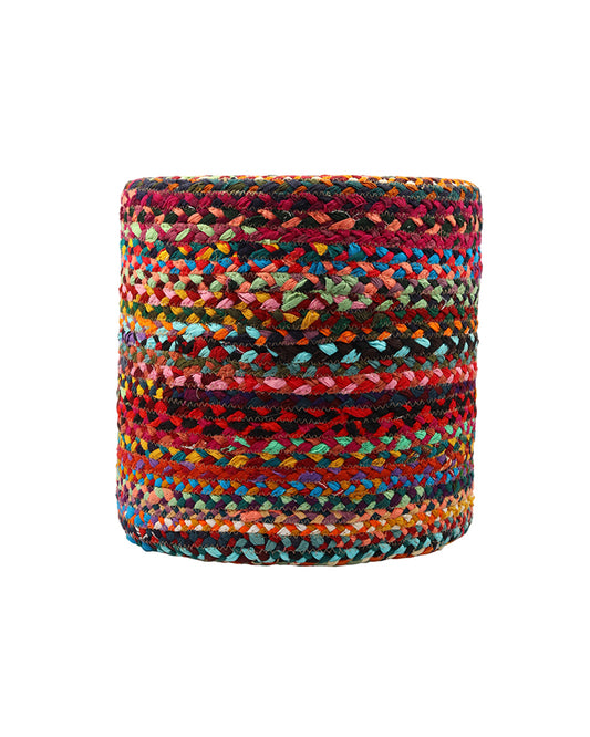 Handwoven Jute Round Pouffe in Multicolor for Living Room - Large