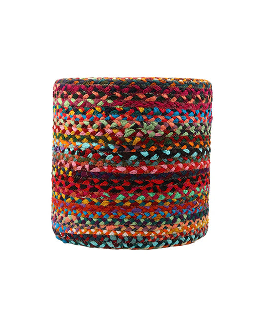 Handwoven Jute Round Pouffe in Multicolor for Living Room - Large