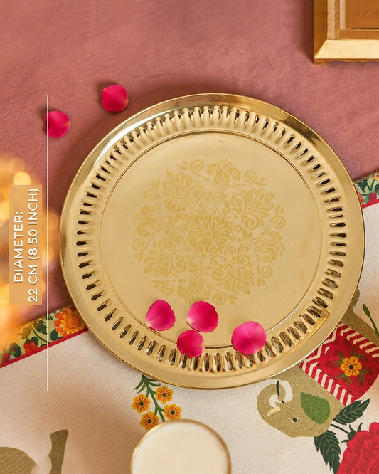 Engraved Brass Pooja Thali (Gold)