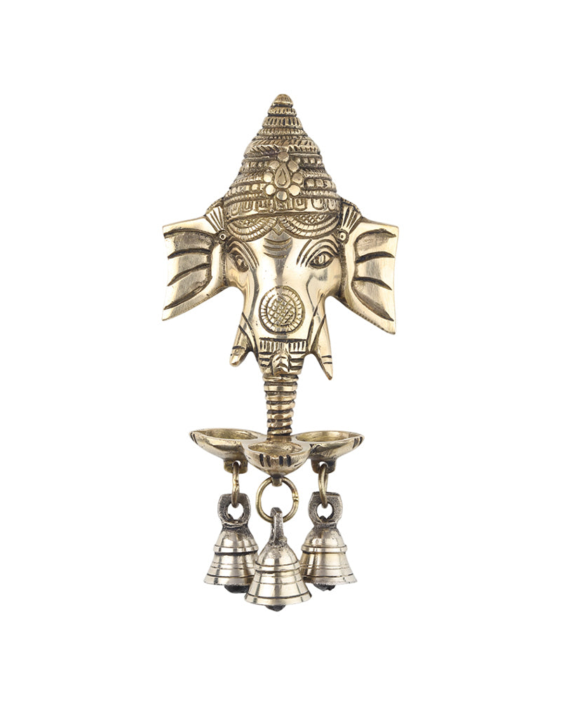Ganesha Brass Wall Decor with Hanging Diyas and Bells for Mandir and Home