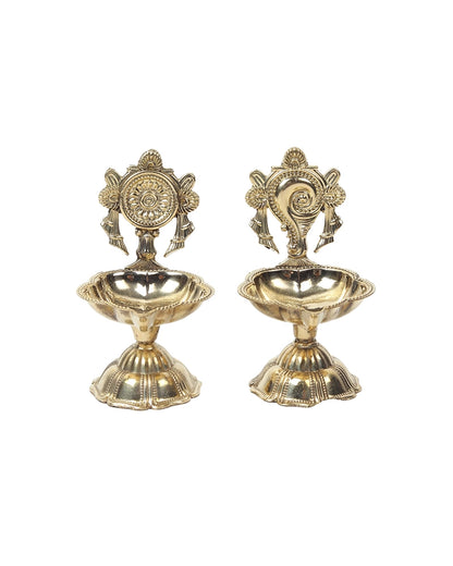 100% Pure Brass Decorative Handle Diya for Pooja Décor, Set of 2