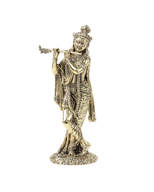 Traditional Krishna Brass Idol Playing Flute for Pooja Needs and Home Decoration