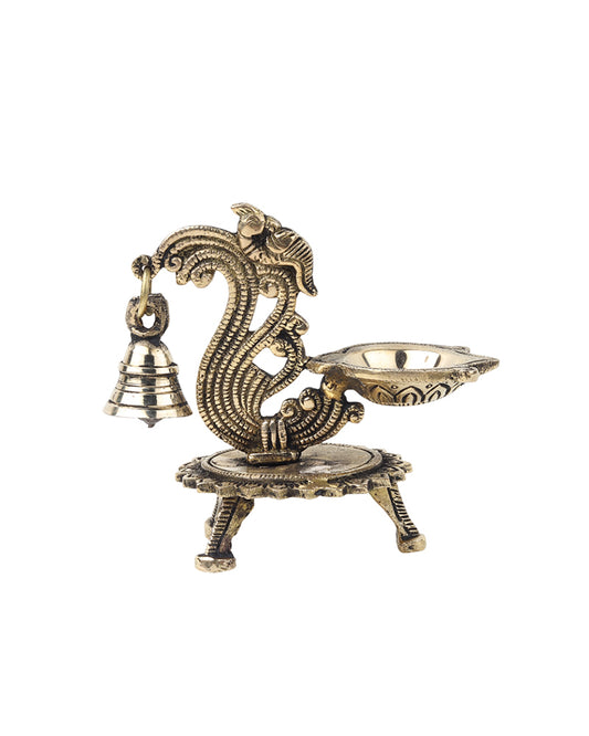 Traditional Brass Aarti Diya with Parrot Design with Hanging Bell