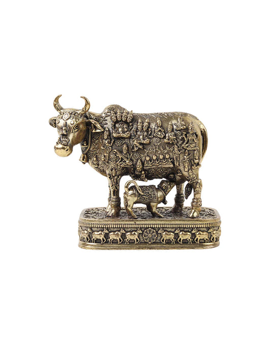 Brass Kamdhenu Cow Idol with Calf for Home Temple and Decor