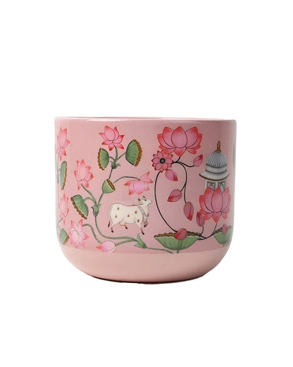 Pichwai Art Hand Painted Lotus Design Terracotta Plant Pot (Pink)