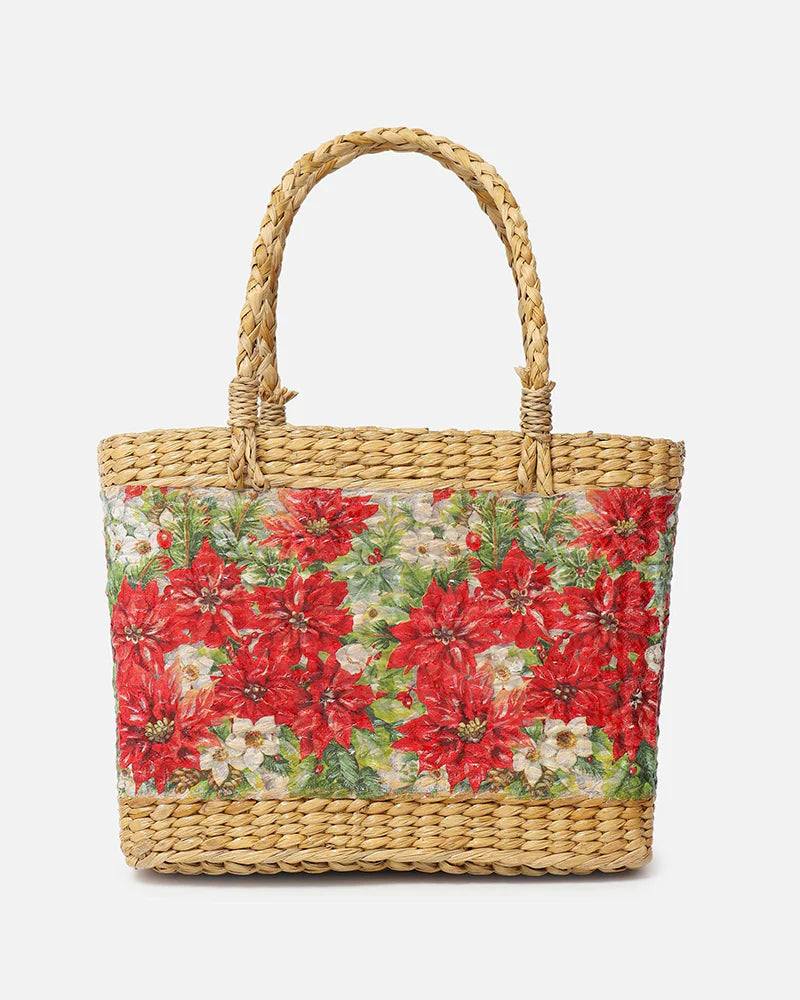 Handwoven Seagrass Shopping Basket & Tote Bag - Red Poinsettia