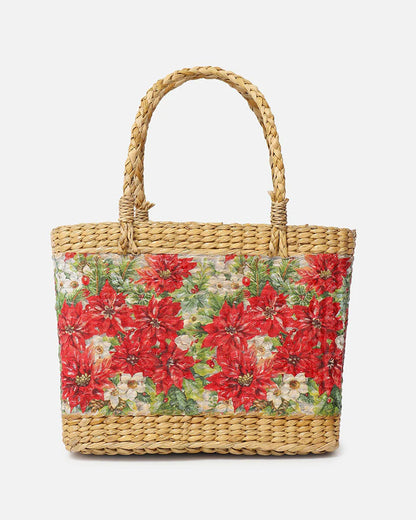Handwoven Seagrass Shopping Basket & Tote Bag - Red Poinsettia