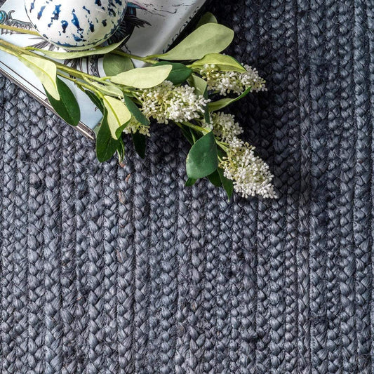 Handcrafted Natural Blue Rectangular Jute Carpet For Hall And Dining Space