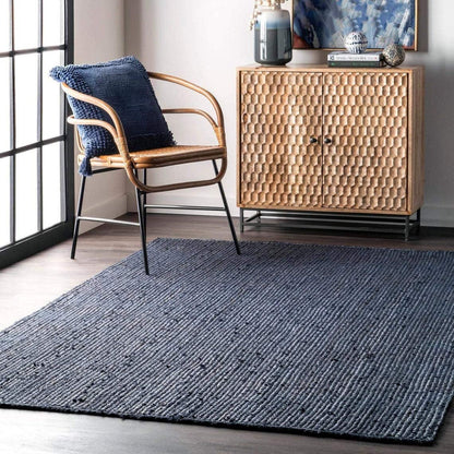 Handcrafted Natural Blue Rectangular Jute Carpet For Hall And Dining Space