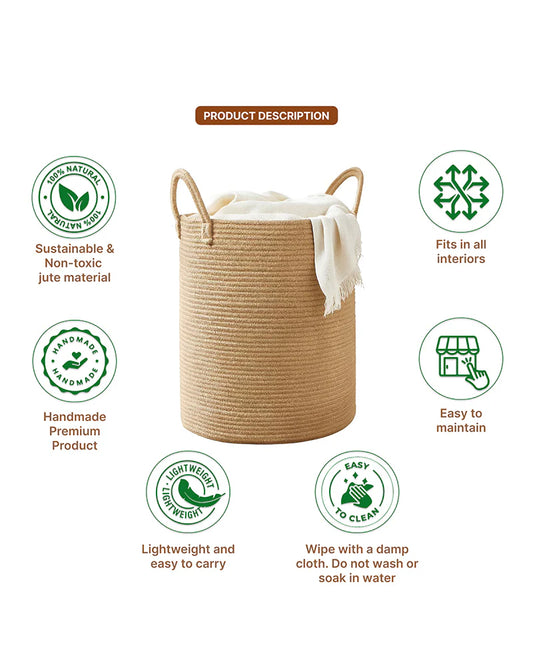 Jute Laundry Basket for Clothes, Jute Storage and Toy Storage Basket for Home