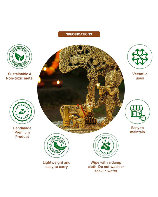 Krishna Idol with Cow and Calf Under Tree, Flute-Playing Lord Krishna Statue for Home Decor