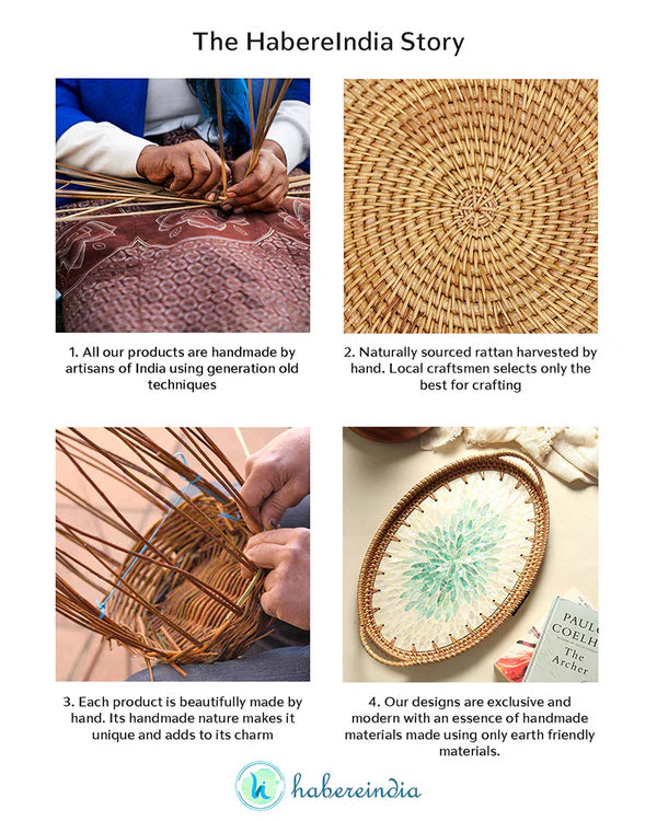 Handwoven Oval Cane Tray with Green Rangoli Mosaic for Decorative and Serving Use