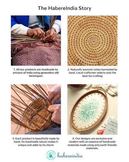 Handwoven Oval Cane Tray with Green Rangoli Mosaic for Decorative and Serving Use