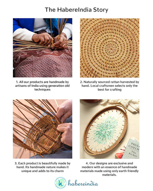 Handwoven Oval Cane Tray with Green Rangoli Mosaic for Decorative and Serving Use