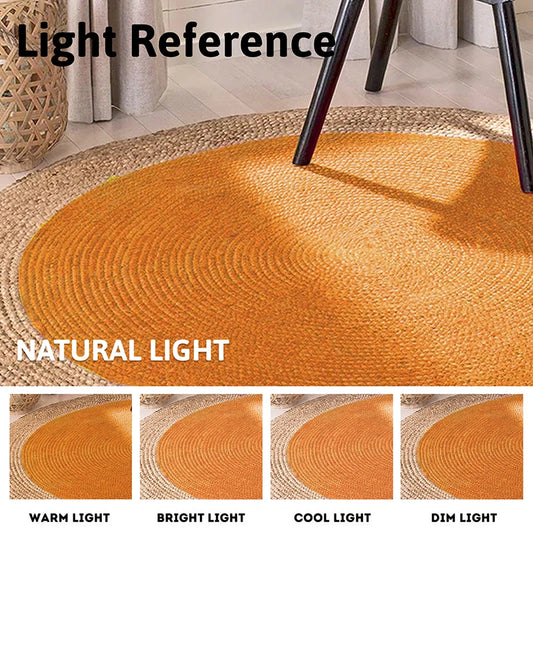 Handcrafted Natural Yellow Round Jute Carpet For Dining Space