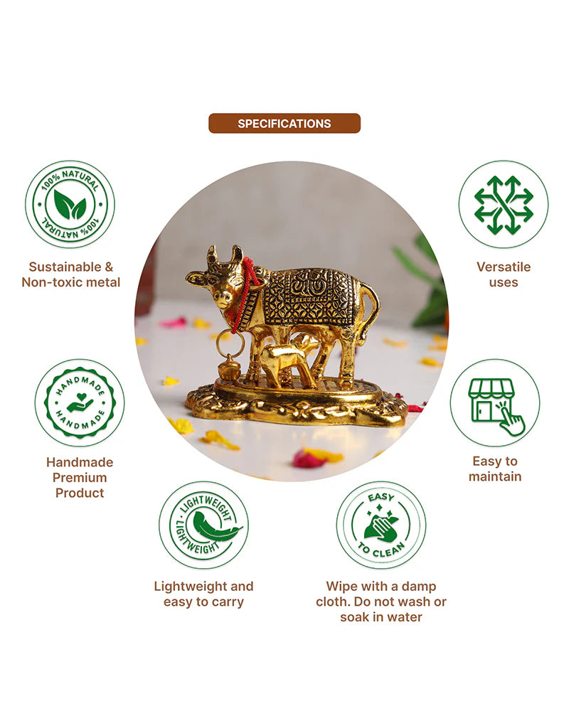 Kamdhenu Cow with Calf Statue, Decorative Cow Figurine and Gift Item