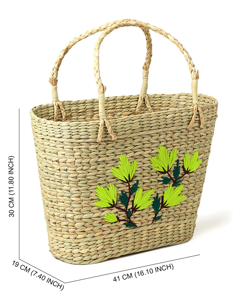Natural Seagrass Embroidery Tote Bag for Shopping, Picnic & Storage