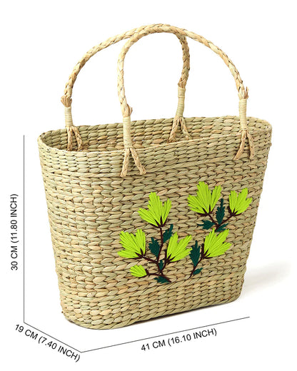 Natural Seagrass Embroidery Tote Bag for Shopping, Picnic & Storage