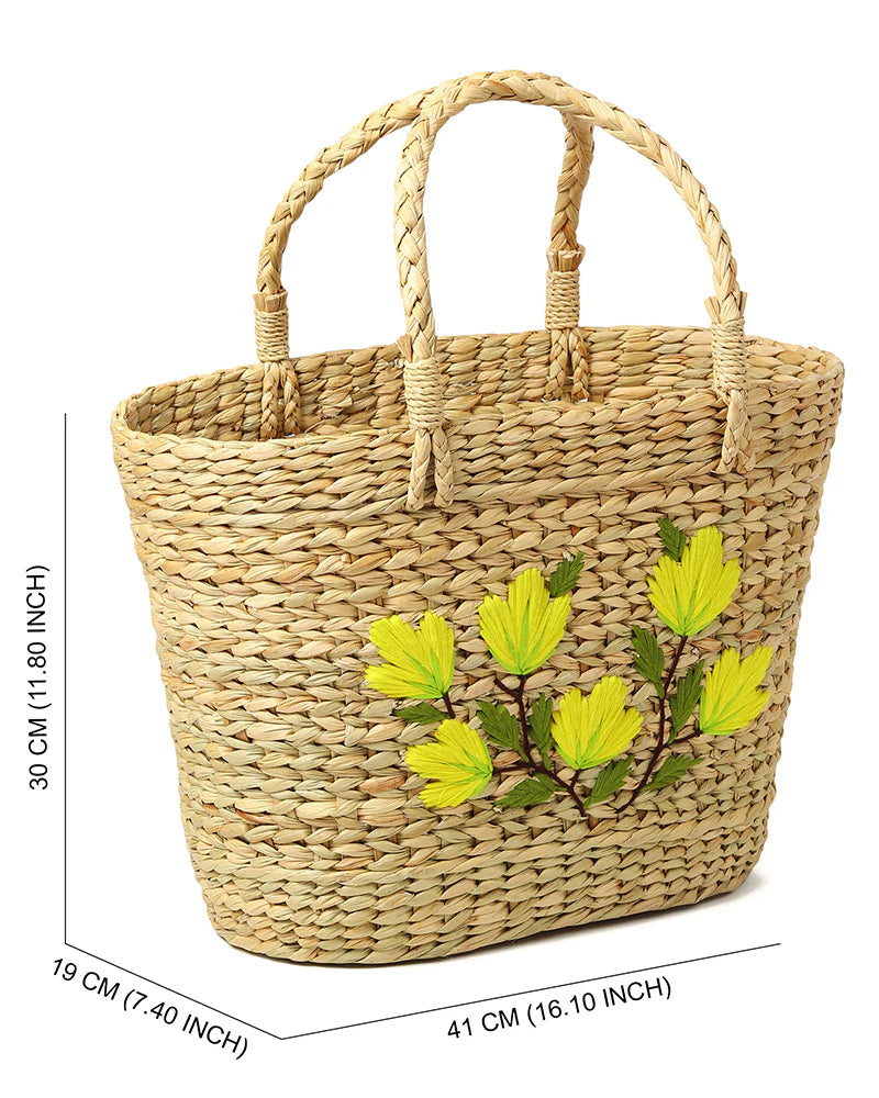 Handwoven Seagrass Embroidered Tote Bag for Market, Storage & Travel