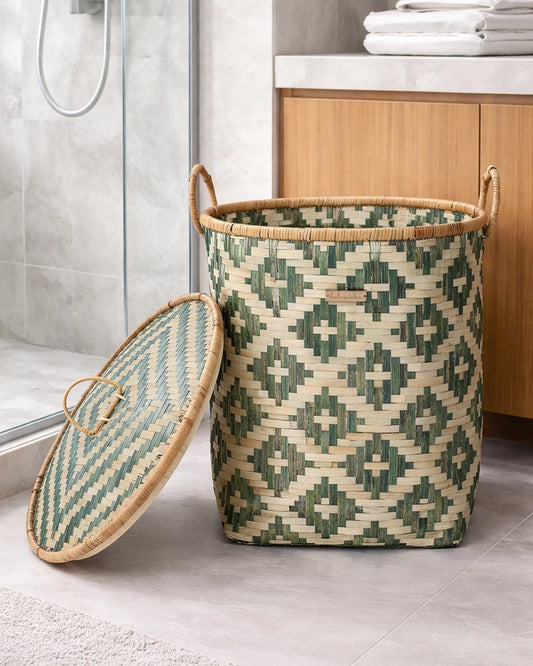 Natural Bamboo Storage Basket with Lid for Bathroom, Bedroom, and Laundry Use