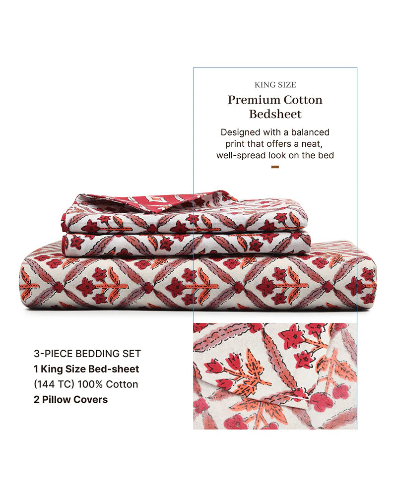 Pure Cotton Double Bed Sheet Set for King Size Bed with Stylish Pillow Covers