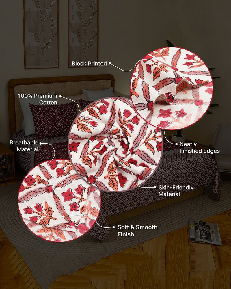 Pure Cotton Double Bed Sheet Set for King Size Bed with Stylish Pillow Covers