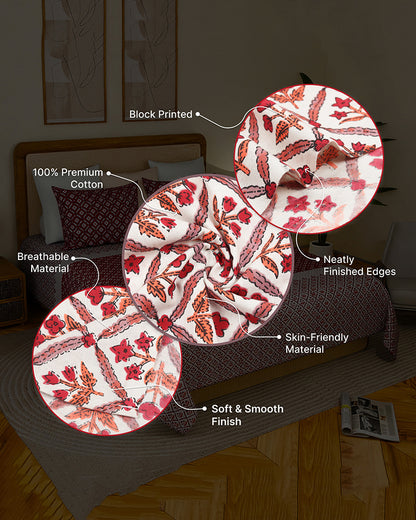 Pure Cotton Double Bed Sheet Set for King Size Bed with Stylish Pillow Covers