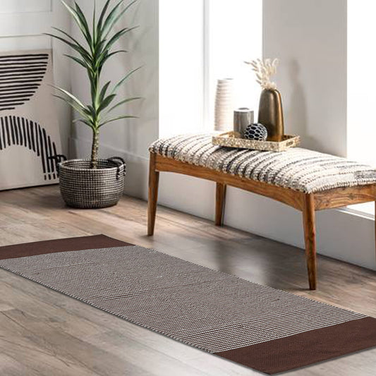Natural Brown Handloom Cotton Bedside Runner For Bedroom And Living Area