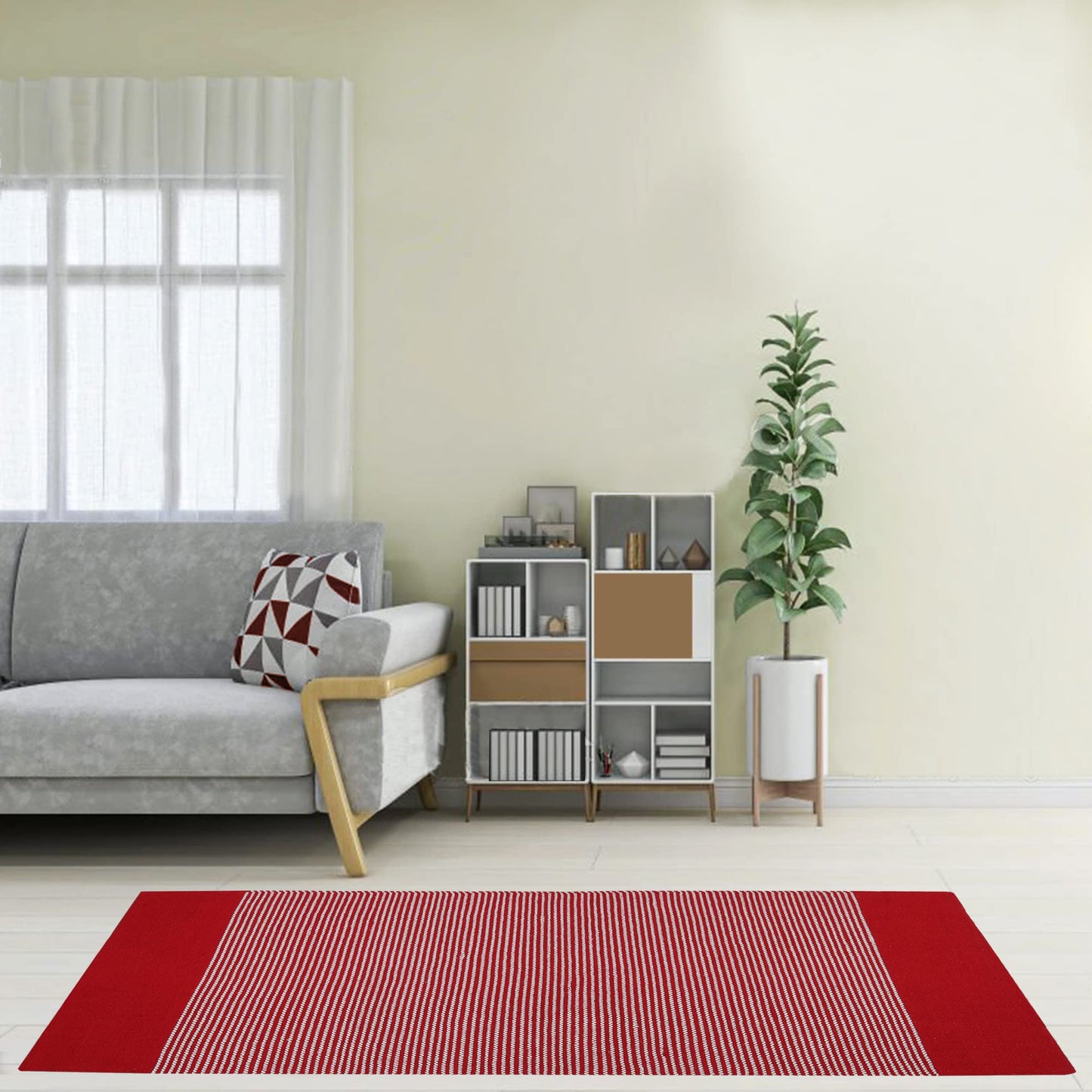 Natural Red Handloom Cotton Bedside Runner For Bedroom And Living Area