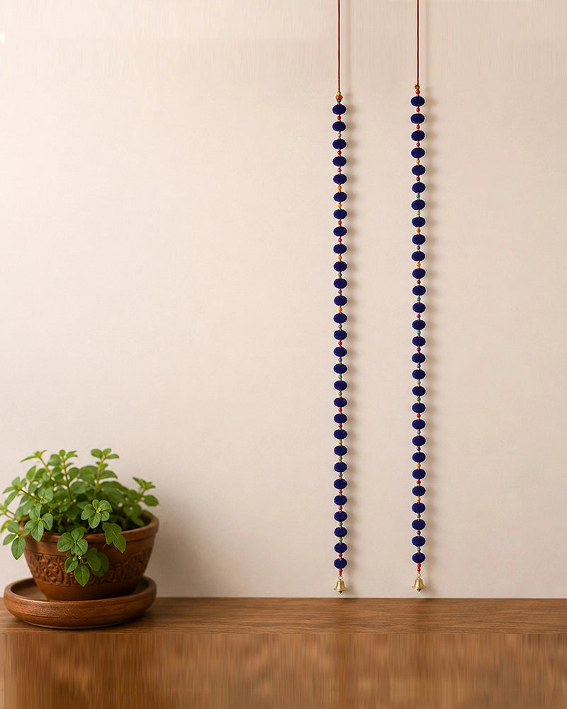 Handcrafted Blue Pom Pom Wall Hanging with Colorful Beads Set of 2