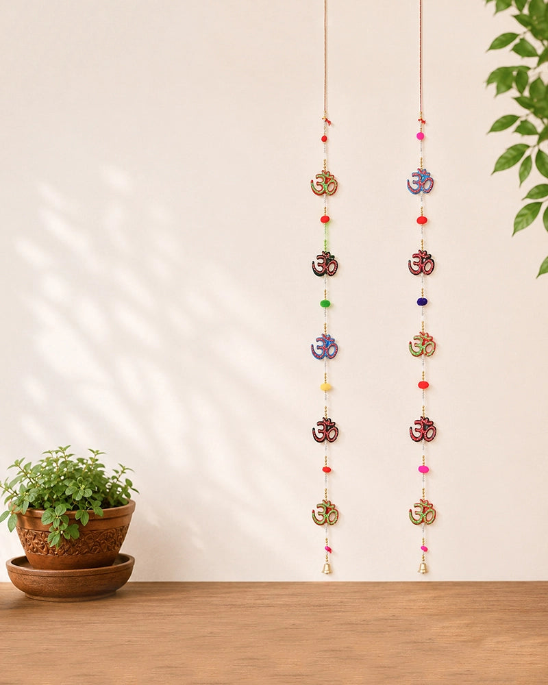 Om Symbol Wall Hanging with Pom Poms and Bells for Home Decoration