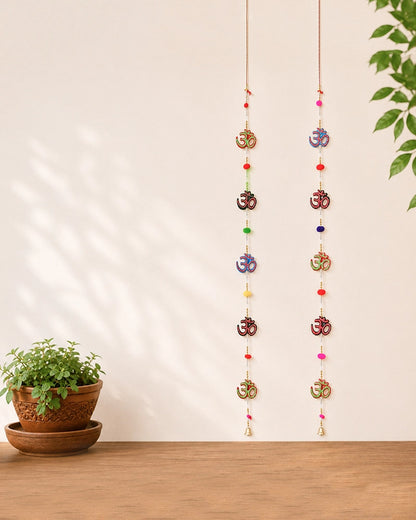 Om Symbol Wall Hanging with Pom Poms and Bells for Home Decoration